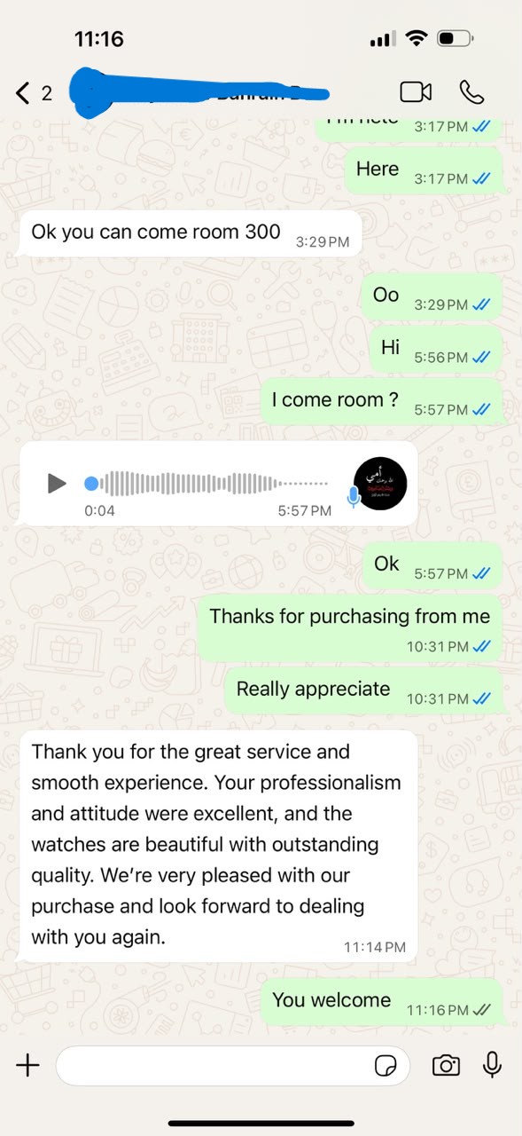 WhatsApp chat screenshot showing a conversation about meeting room 300, including a voice message and a customer testimonial text at 11:14 PM.